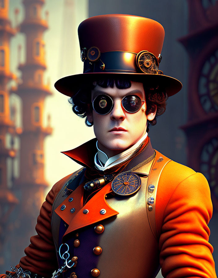 Steampunk character in tall brown hat and goggles against blurred architecture.