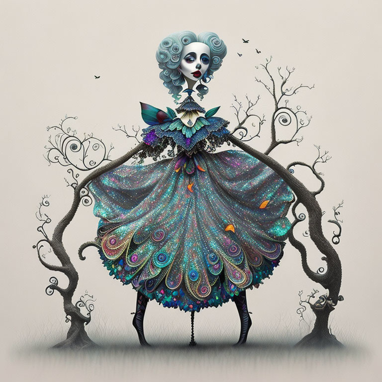 Whimsical character with voluminous dress, trees, and butterfly