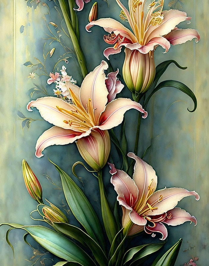 Pink and White Lilies on Textured Blue Background