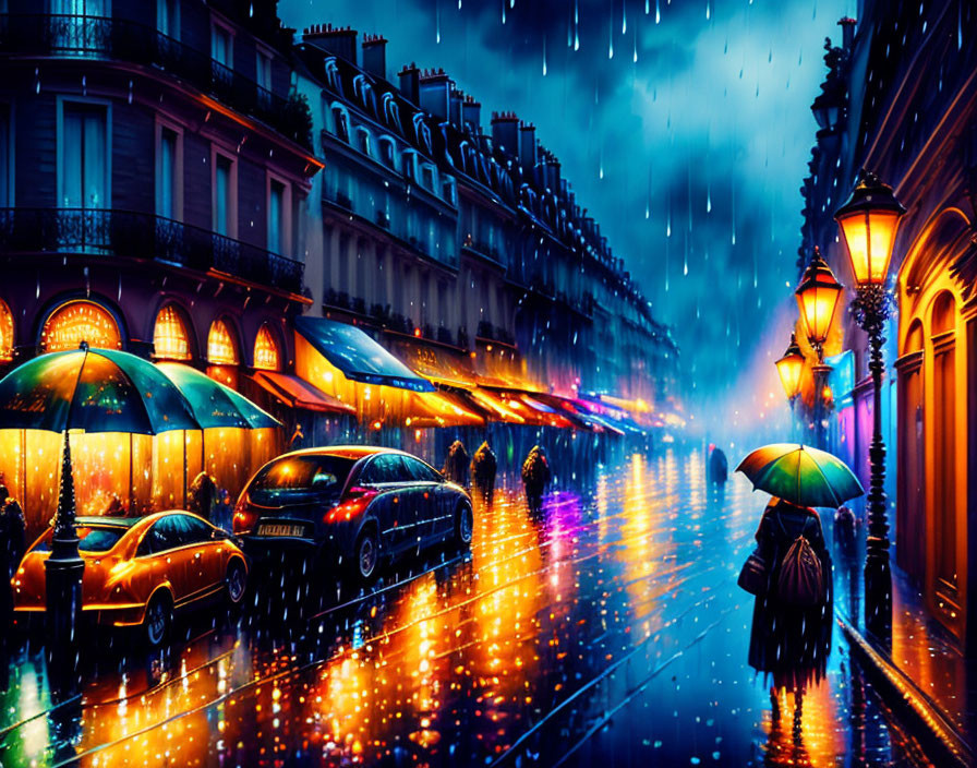 Colorful Night Street Scene with Rain and Umbrella