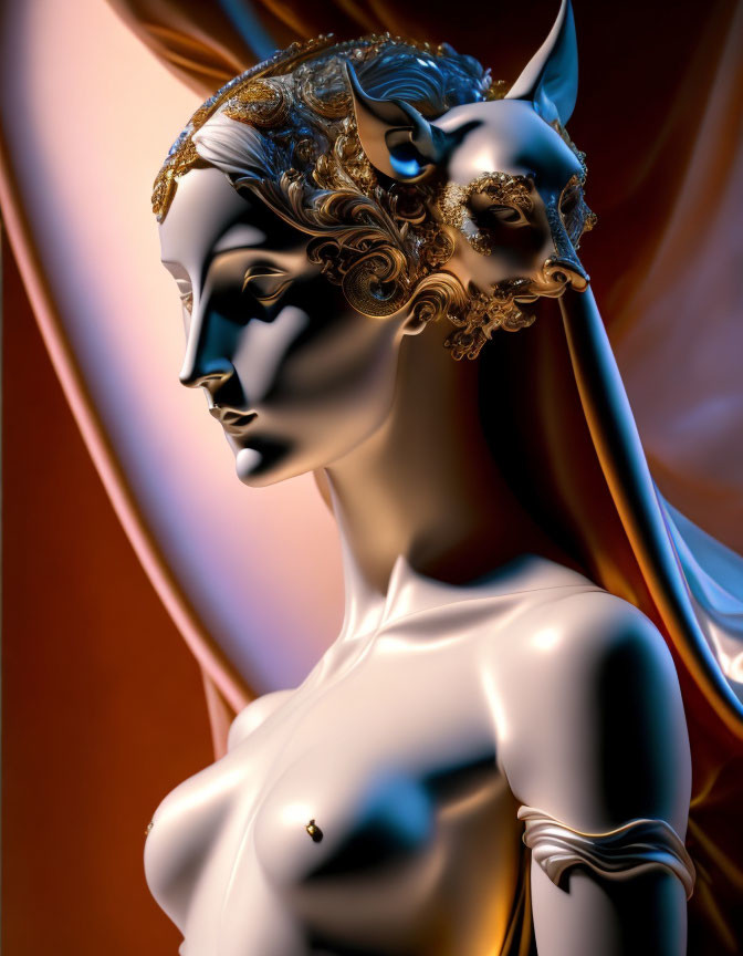 3D bust render of female figure with gold filigree, horn, and draped red cloth