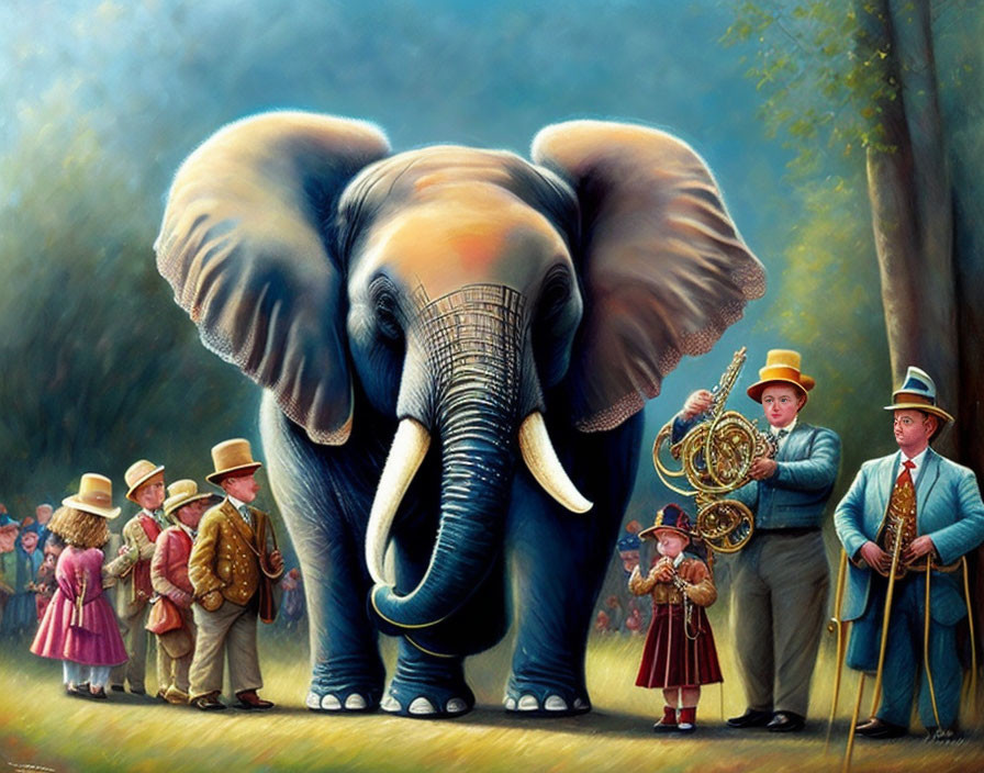 Illustration of elephant with elegantly dressed people and musical instruments