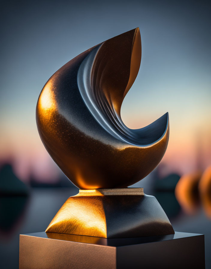 Bronze Abstract Flame Sculpture on Sunset Background