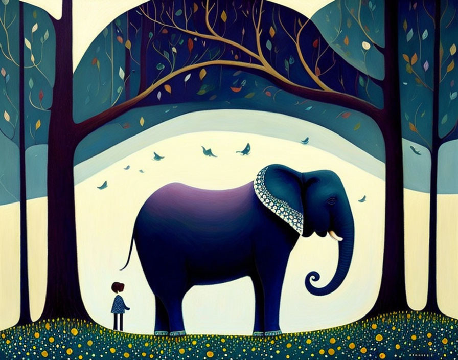 Child and elephant in whimsical forest illustration.