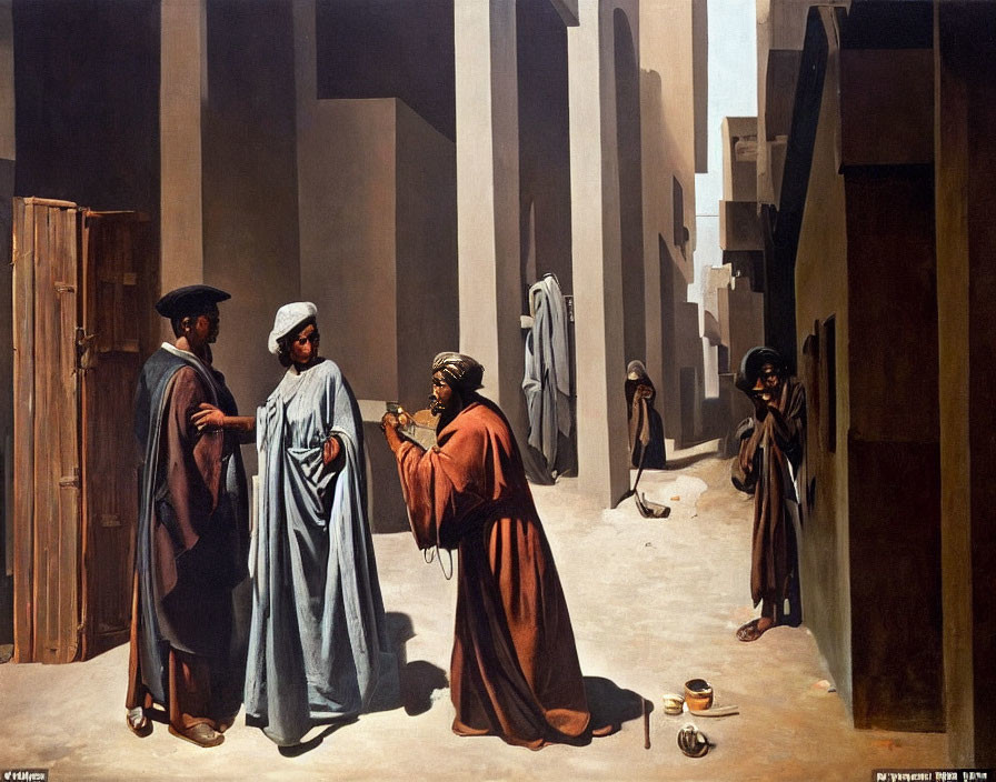 Four individuals in robes converse in a sunlit courtyard with classical architecture.