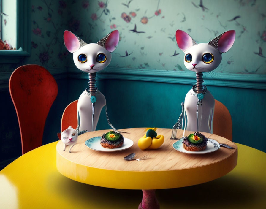 Whimsical animated cat-like creatures at table with food plates