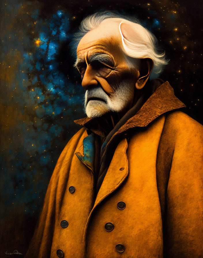 Elderly man in brown coat against celestial background