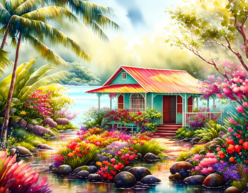 Vibrant illustration of seaside house with tropical flora