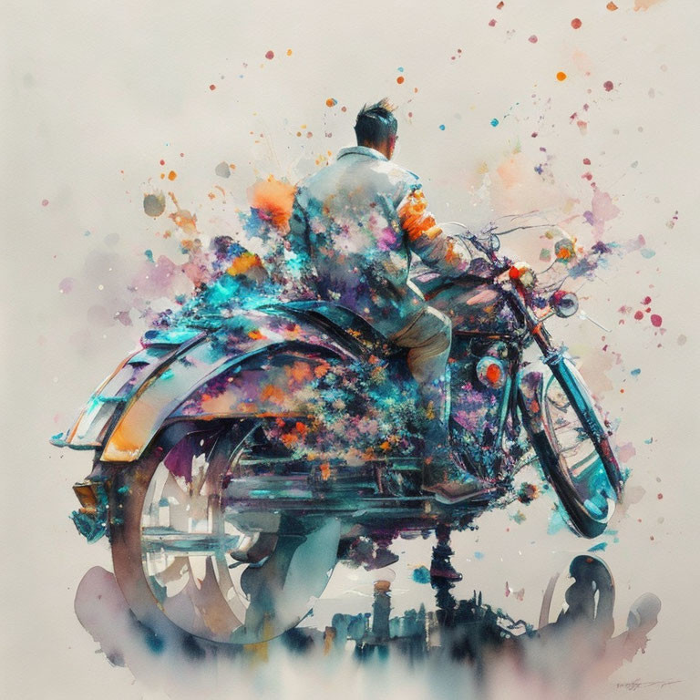 Colorful Watercolor Style: Vintage Motorcycle Rider in Motion