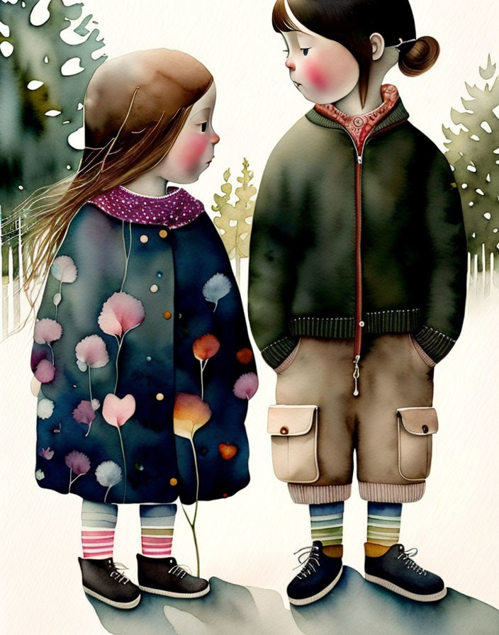 Stylized children in different outfits against snowy backdrop