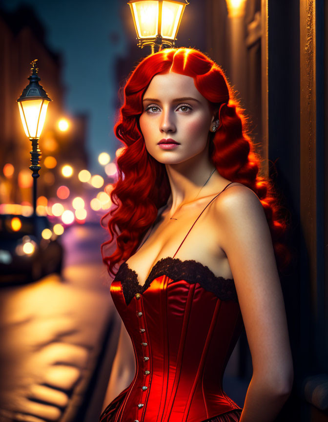 Red-haired woman in crimson dress by streetlamp at dusk.