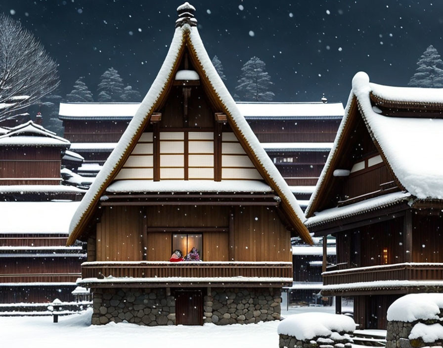 Snow-covered traditional wooden house at night with glowing interior