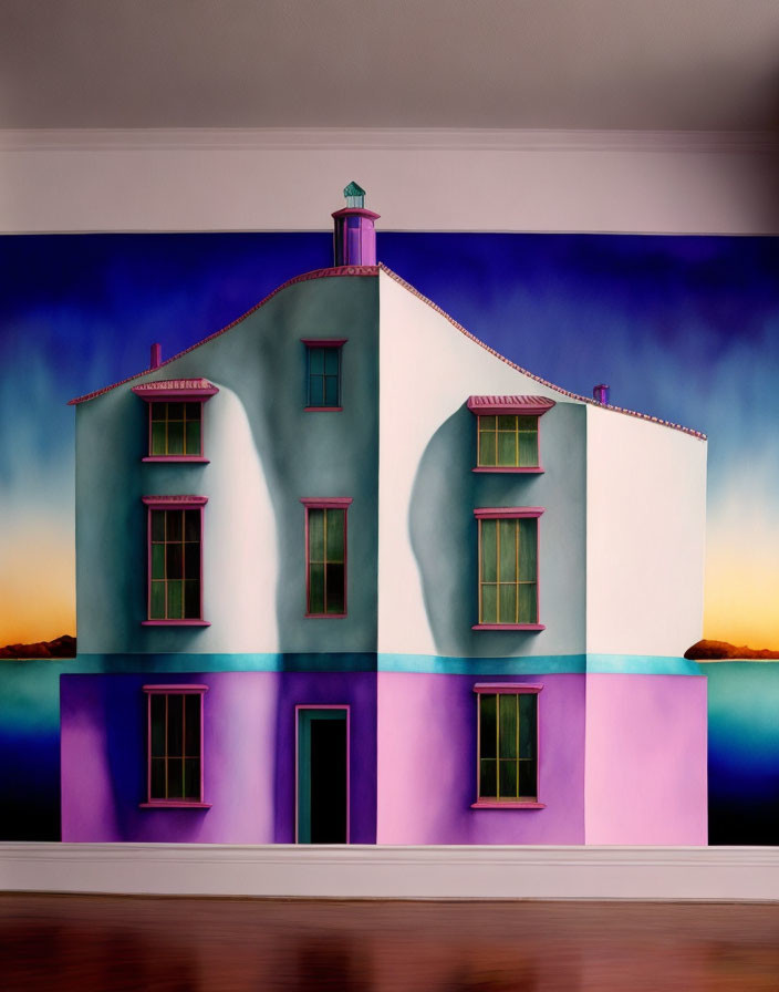 Surreal two-story house painting with vibrant purple and blue hues