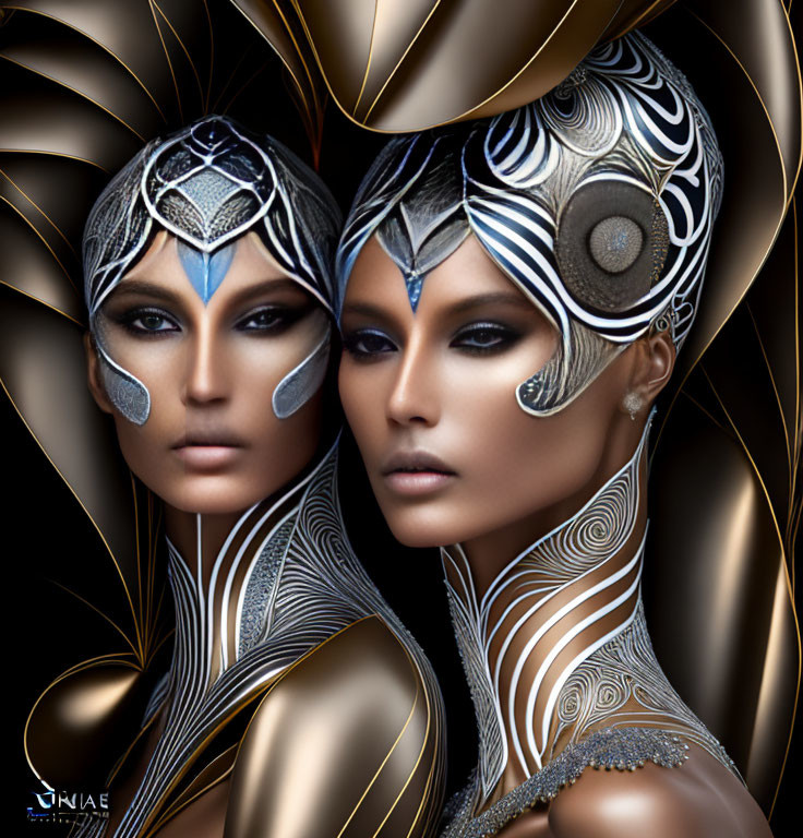 Symmetrical faces with metallic headpieces and intricate skin patterns on dark golden swirl backdrop