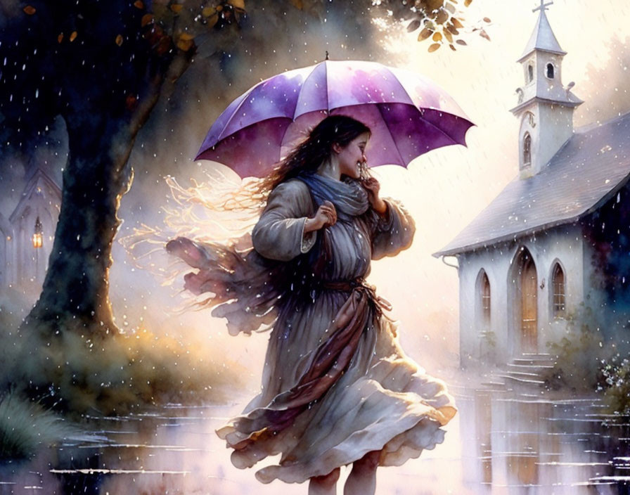 Woman with Purple Umbrella Walking Near Church on Rainy Cobblestone Path