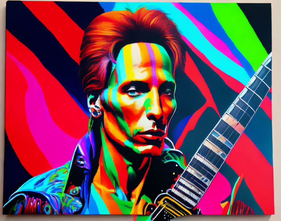 Vibrant pop art portrait of a man with electric guitar