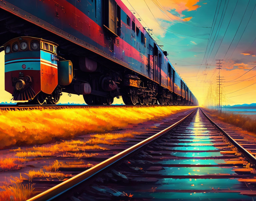 Colorful train artwork at dawn or dusk with warm sunlight and long shadows