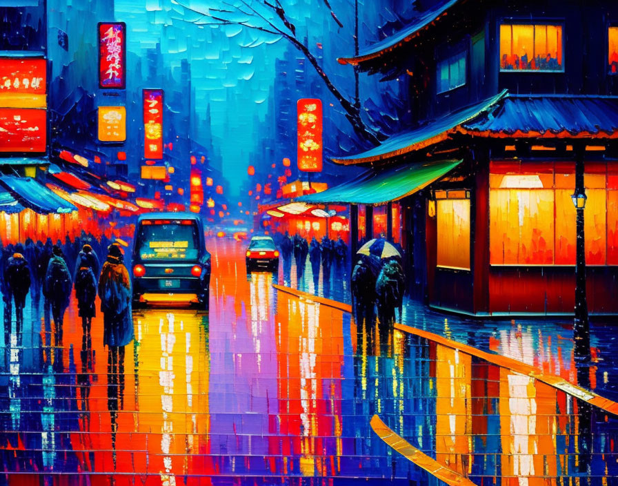 Vibrant Street Scene Painting: Nighttime Pedestrians, Car, and Shopfronts