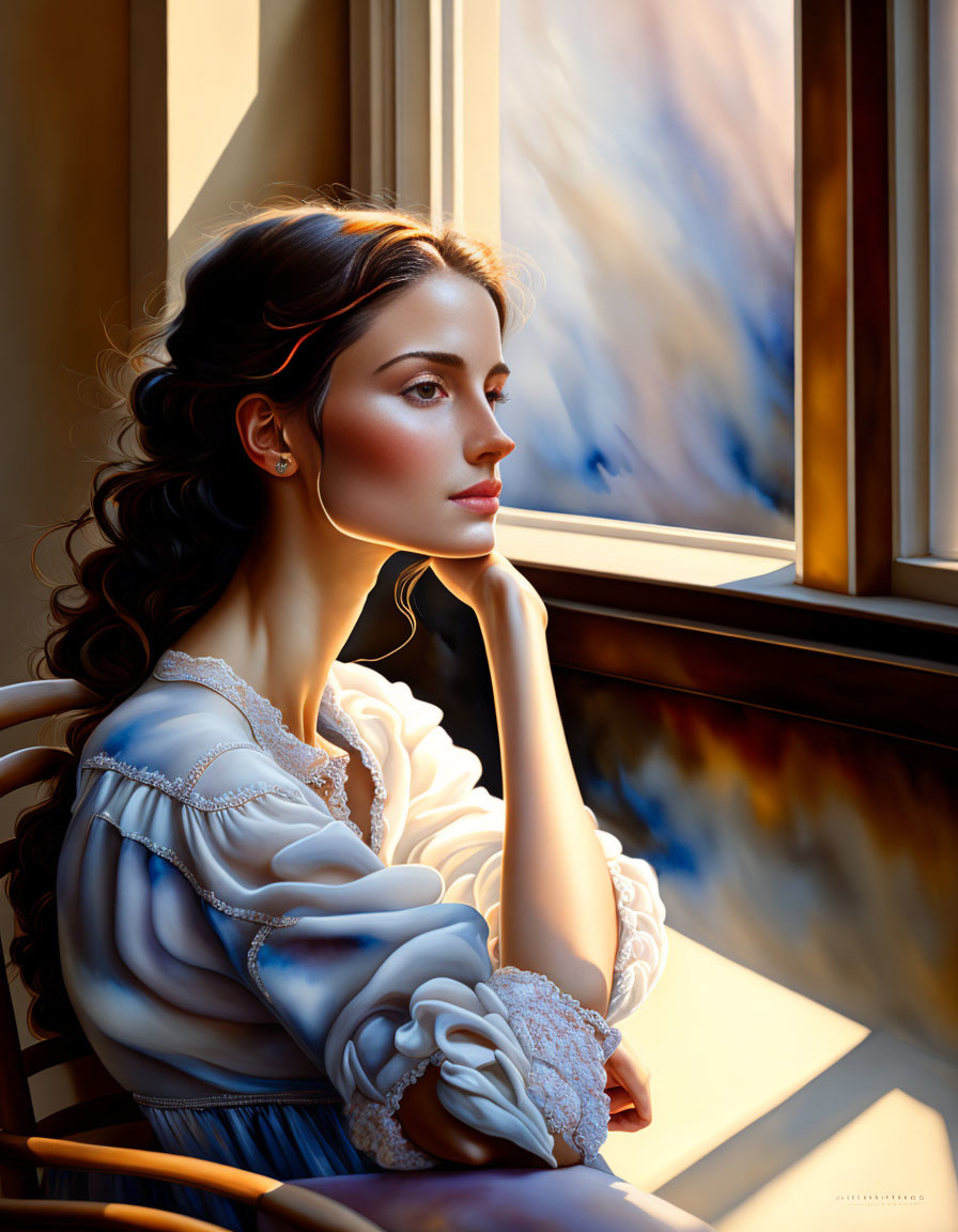 Woman gazing out window in golden sunlight