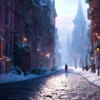 Vintage street lamps light snowy old city street with classic car and cobblestone road, lined by buildings