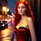 Red-haired woman in crimson dress by streetlamp at dusk.