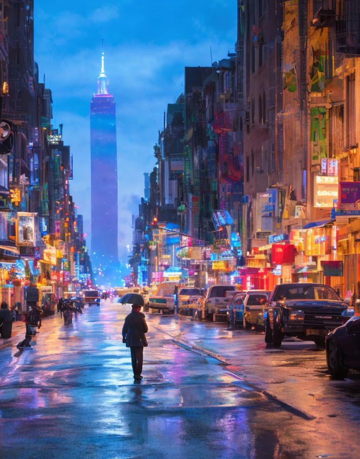 Vibrant neon-lit street at dusk with rain-slicked pavement