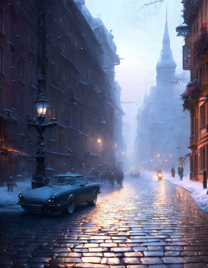 Vintage street lamps light snowy old city street with classic car and cobblestone road, lined by buildings