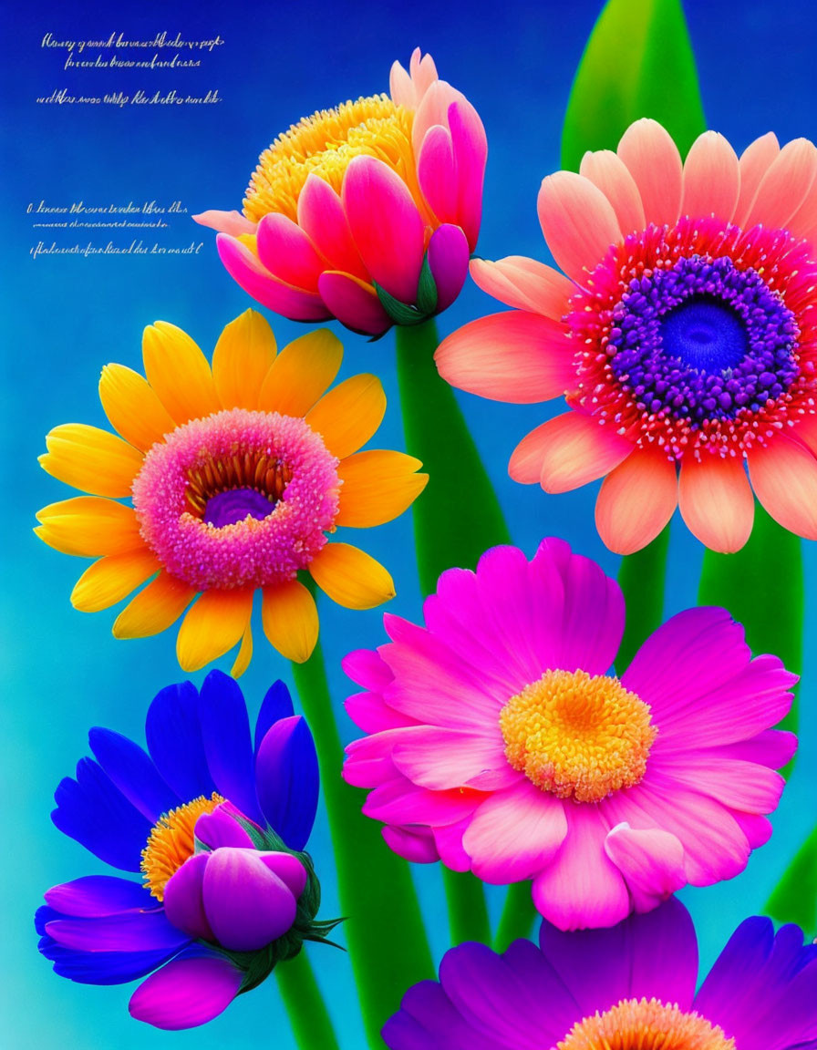 Colorful Flowers in Pink, Orange, and Blue on Bright Blue Background