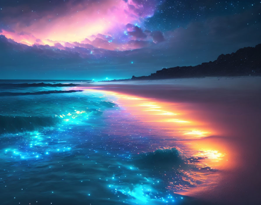 Vivid purple and pink beachside night scene with bioluminescent glow