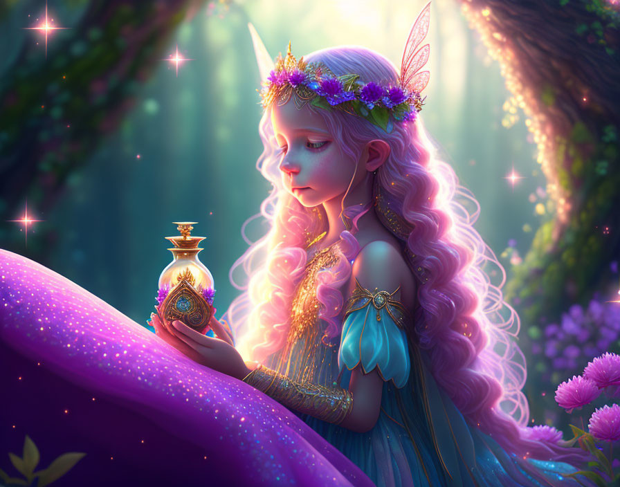 Fantasy illustration of fairy with purple hair and blue wings holding magic potion in enchanted forest