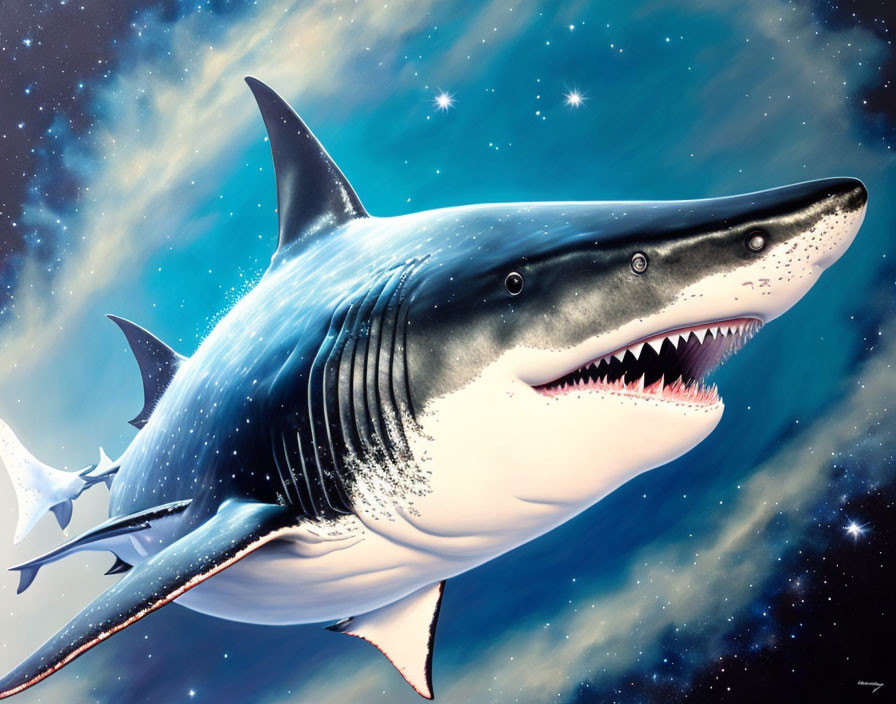 Great White Shark Swimming in Cosmic Space Among Stars