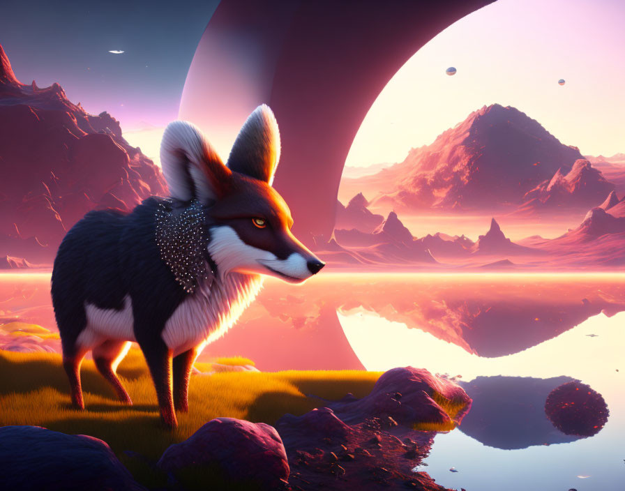 Stylized fox on grass with reflective lake, mountains, and celestial bodies in pink and purple sky