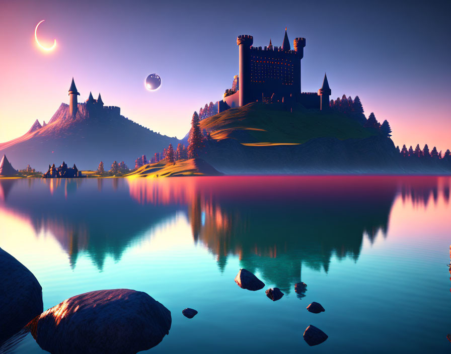 Fantasy landscape with castle, lake, mountains, and two moons in warm sunset hues