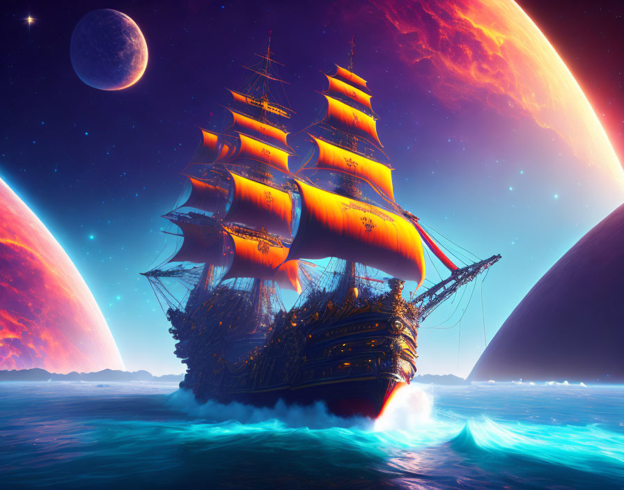 Majestic sailing ship on alien sea with glowing sails and planets in sky