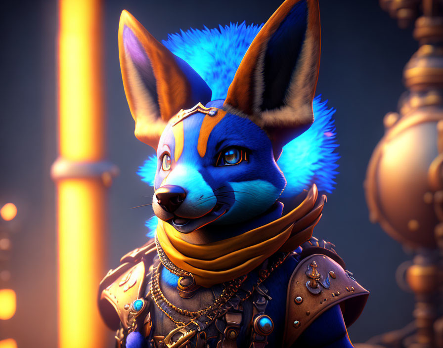 Blue-furred anthropomorphic fox in steampunk armor and goggles.