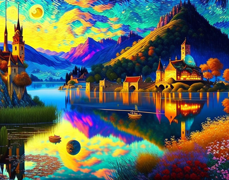 Colorful lakeside village illustration under starry sky