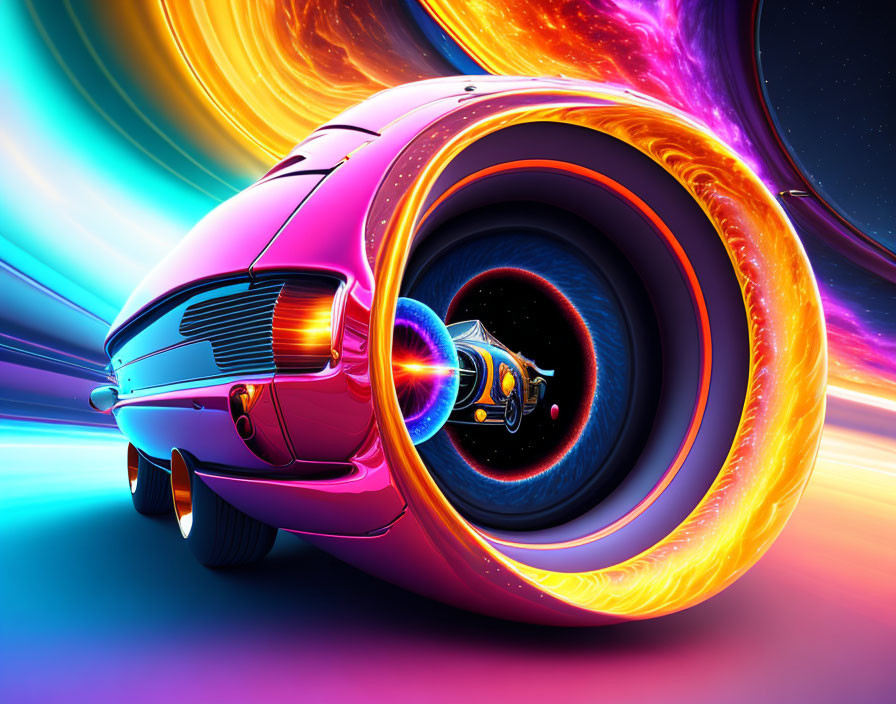 Colorful Psychedelic Classic Car Entering Neon Portal