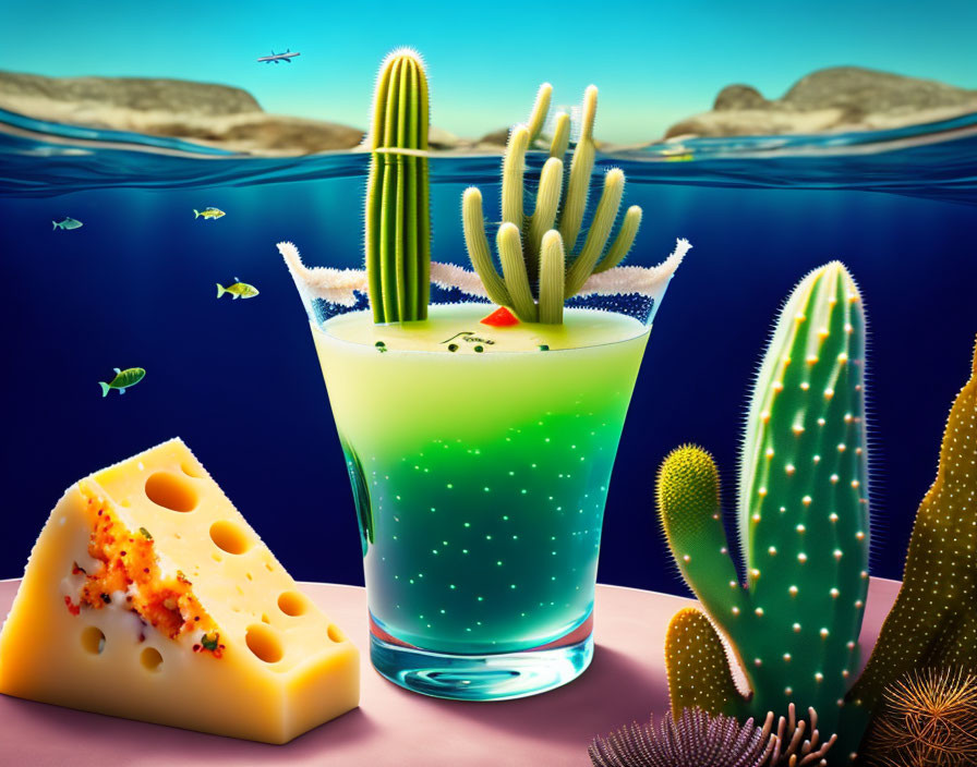 Surreal cactus margarita with cheese and underwater scene