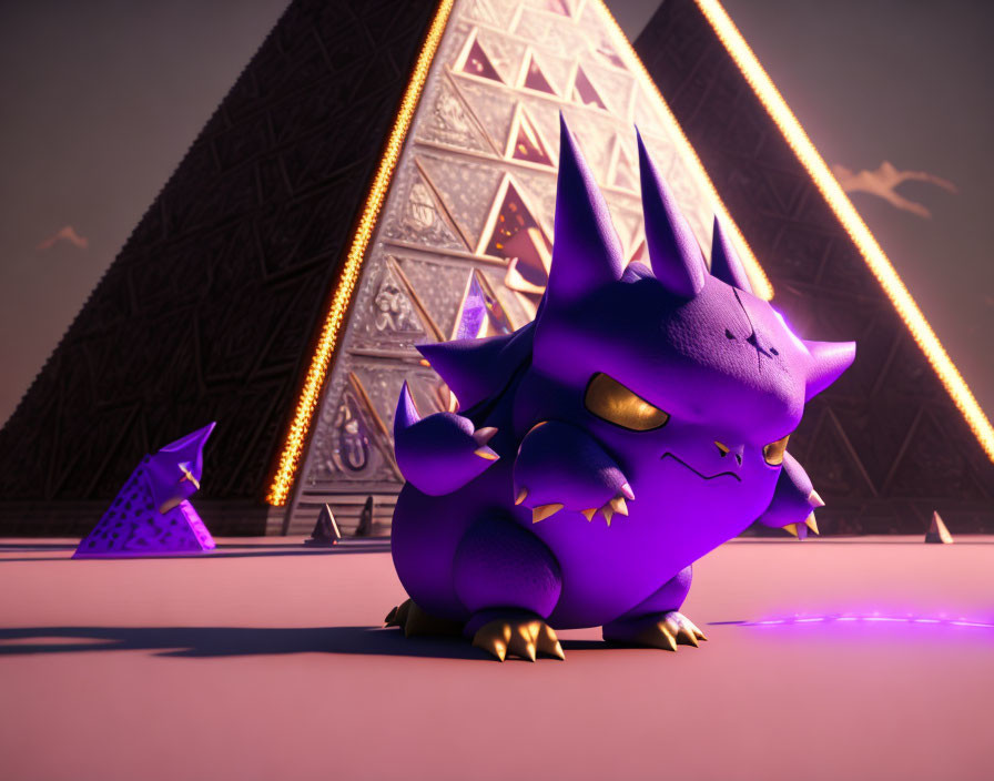 Purple spiky creature in 3D with pyramids under sunset sky