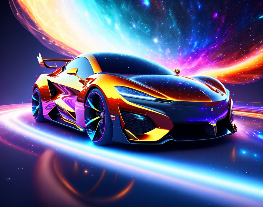 Colorful Futuristic Sports Car with Neon Lights in Cosmic Setting