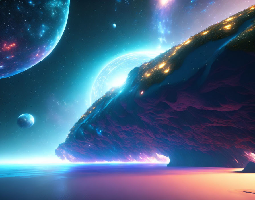 Surreal cosmic landscape with floating rock, alien planets, stars, and nebula