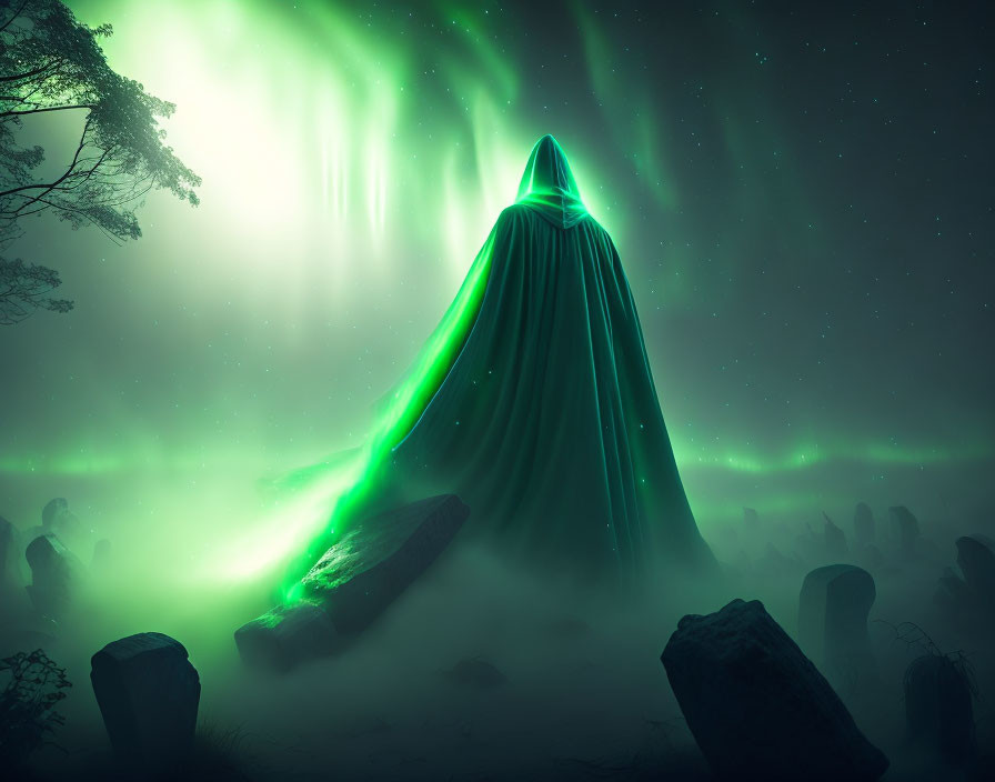 Cloaked figure in stone ruins under green auroras