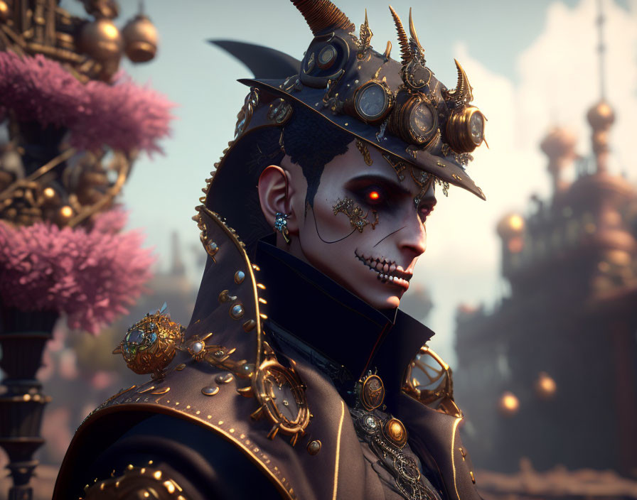 3D-rendered character with decorated hat and skull face paint