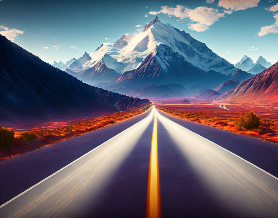 Straight Road Towards Snow-Capped Mountains and Red Foliage