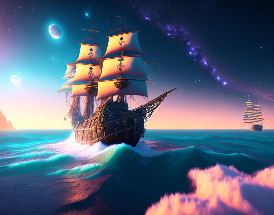 Digital Art: Majestic sailing ship on vibrant ocean at sunset with fantastical planets in sky