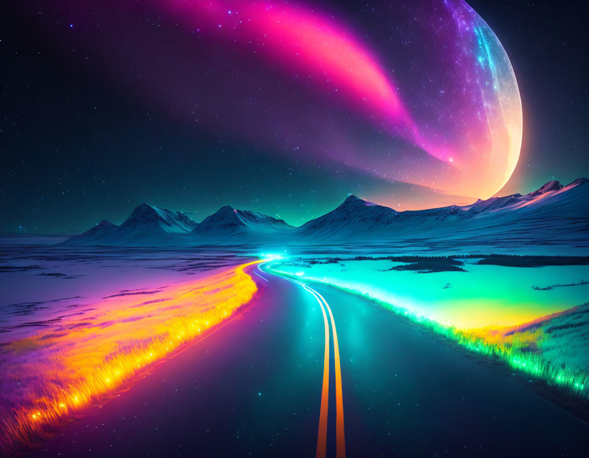 Fantasy landscape: neon-lit road, glowing flora, mountains, oversized planet, auroras