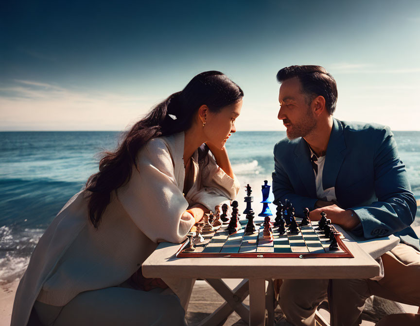 Man in suit smiles at woman playing chess by the sea