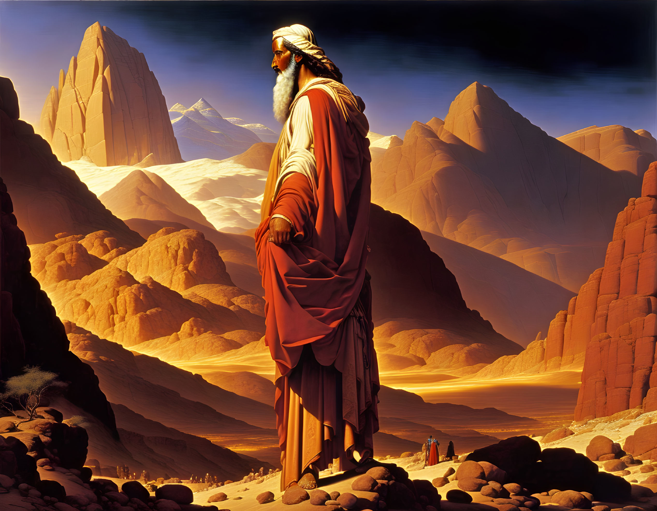 Ancient figure in robes in desert landscape with rock formations