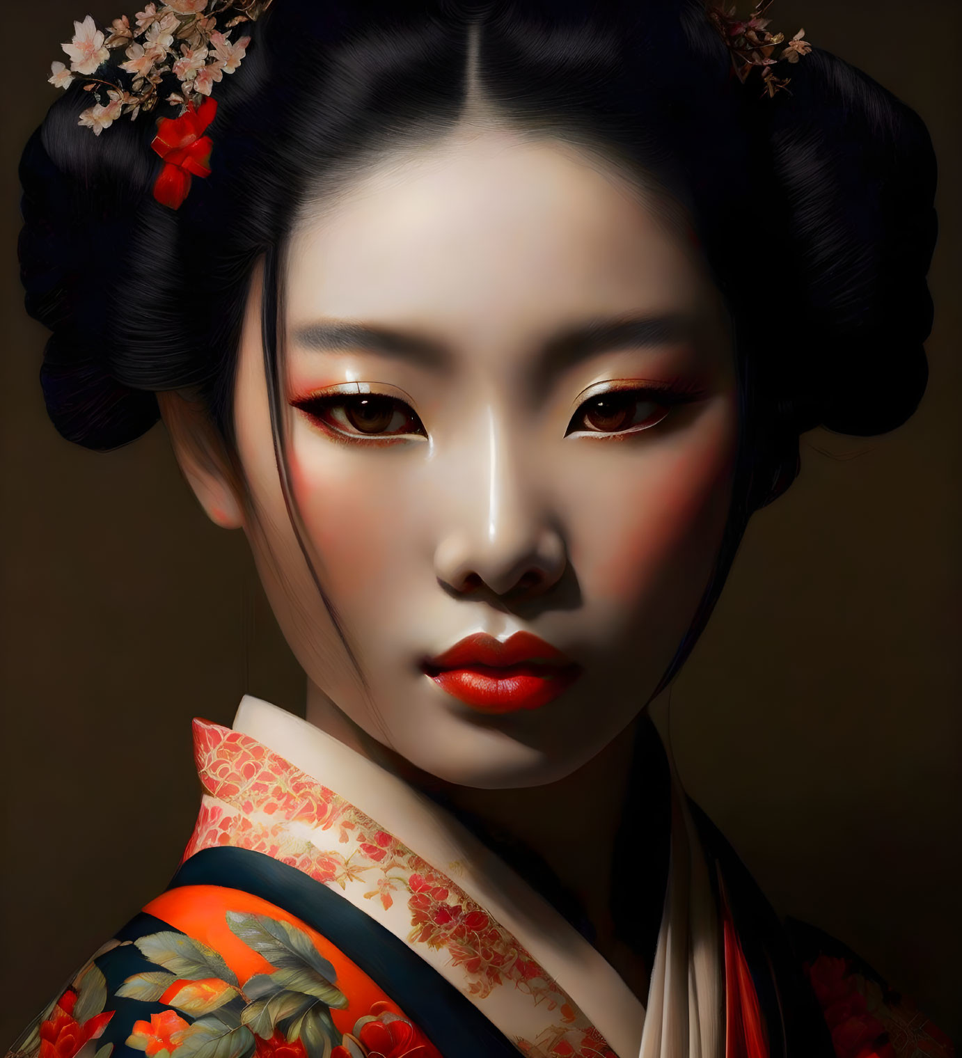 Traditional East Asian Woman Portrait with Floral Kimono & Makeup