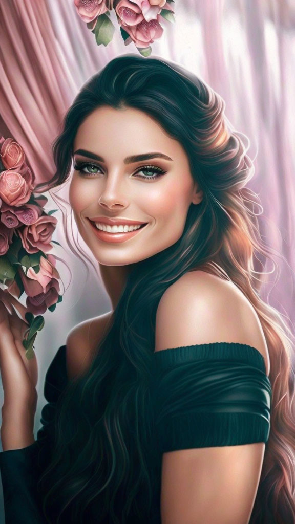 Smiling woman with roses in digital painting